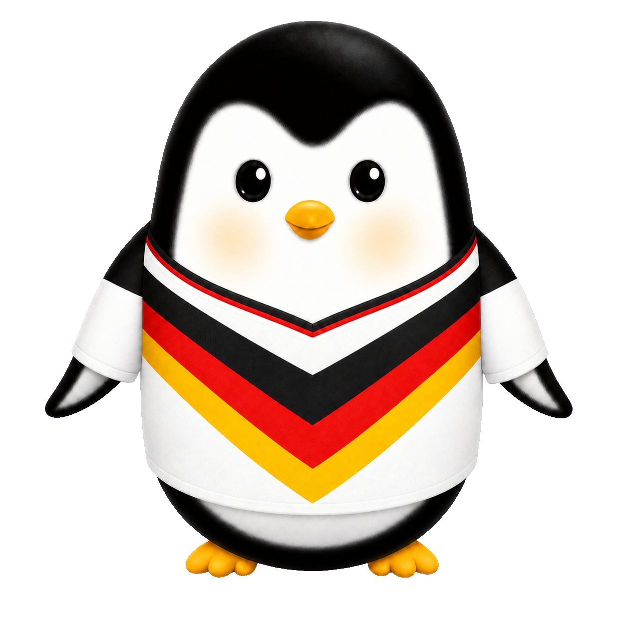 Runder Linguno-Pinguin im weißen Deutschland-Trikot mit schwarzem, rotem und goldenem V-Motiv