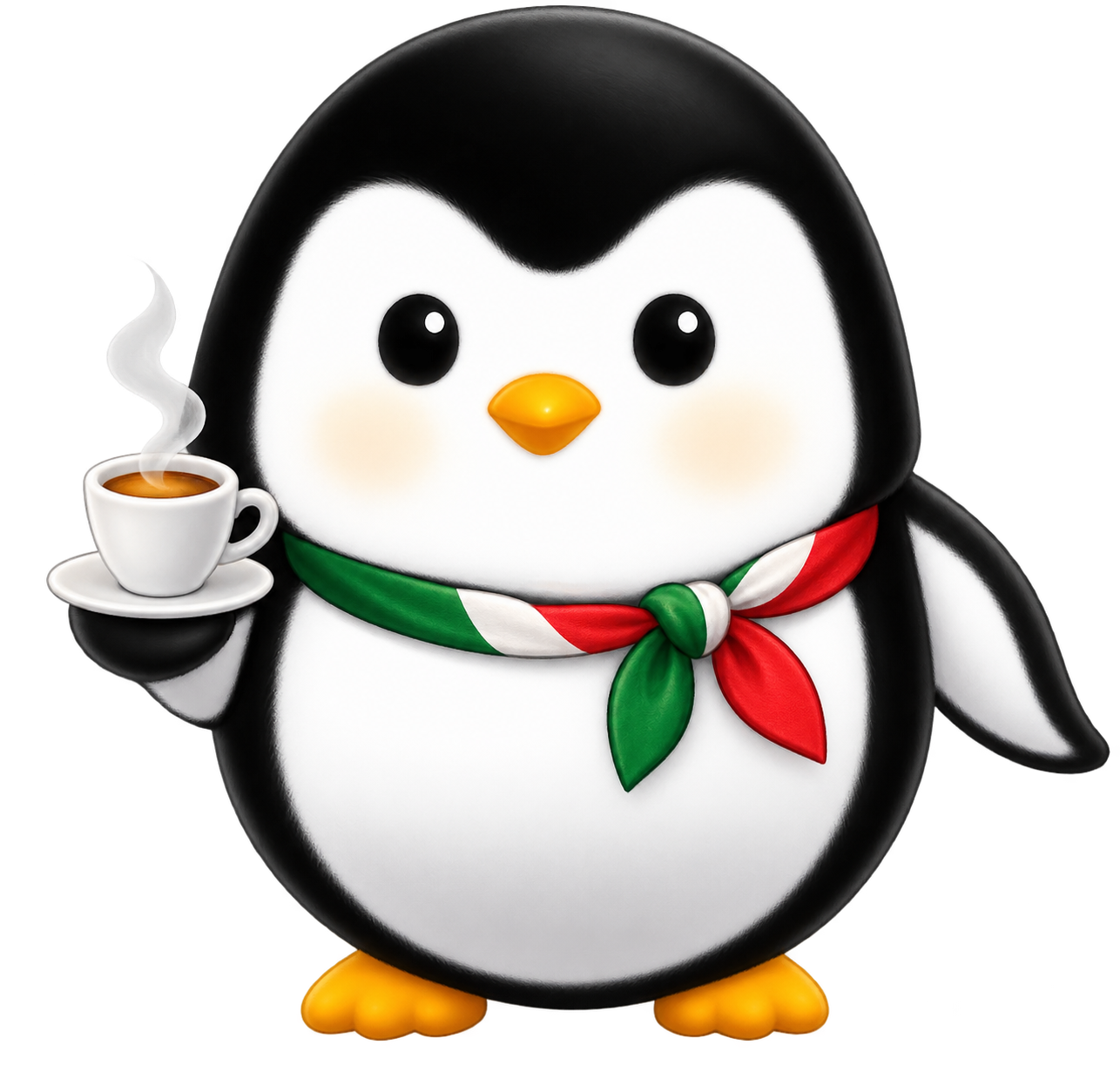 Mascotte pinguino di Linguno con sciarpa tricolore e tazzina di caffè