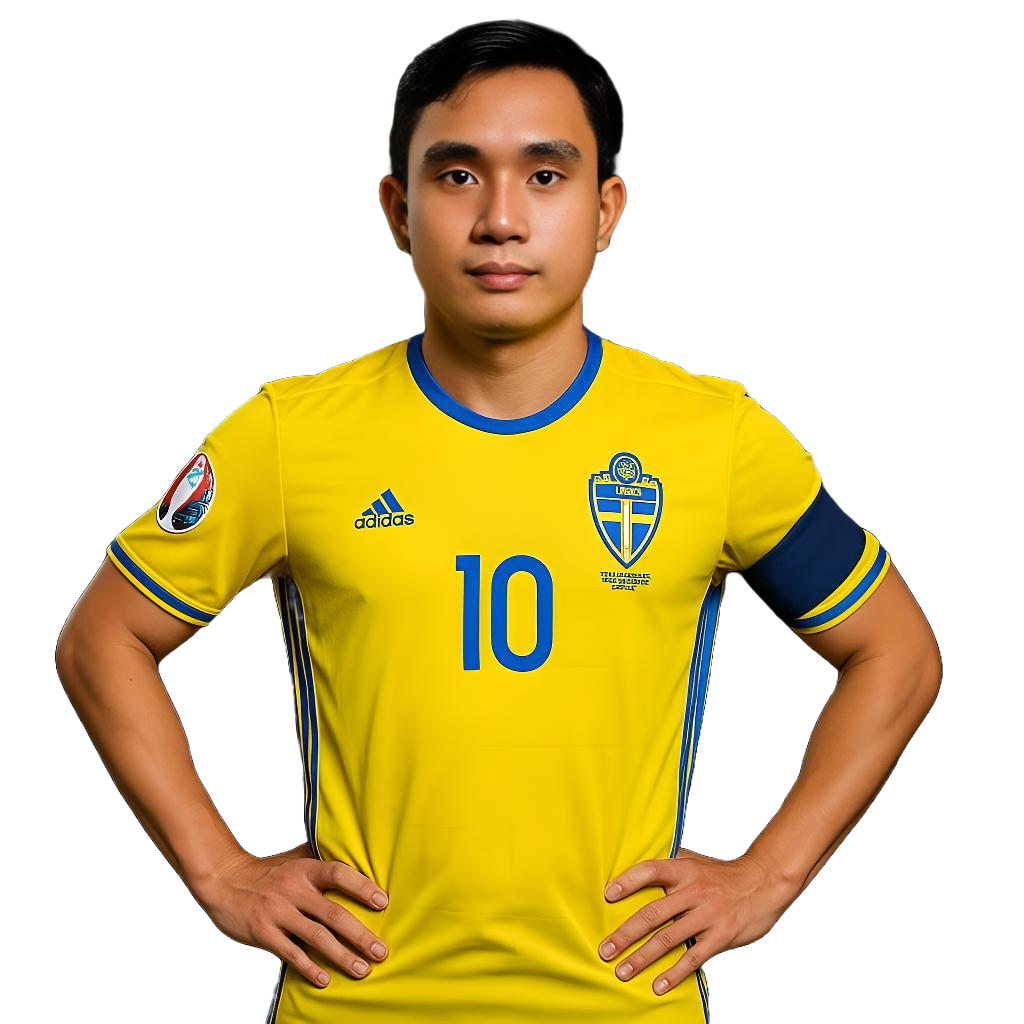 Aljohn som 'Magnus Mjölkson' i svensk landslagströja