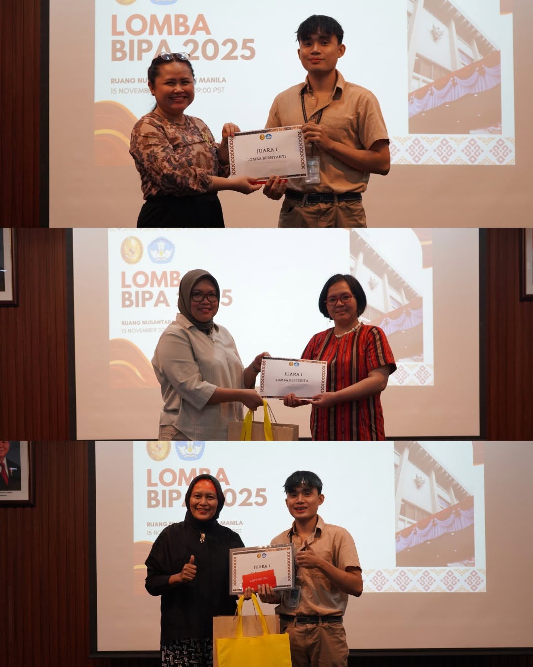 Kolase Aljohn menerima sertifikat Juara 1 Lomba Bernyanyi BIPA 2025 di KBRI Manila