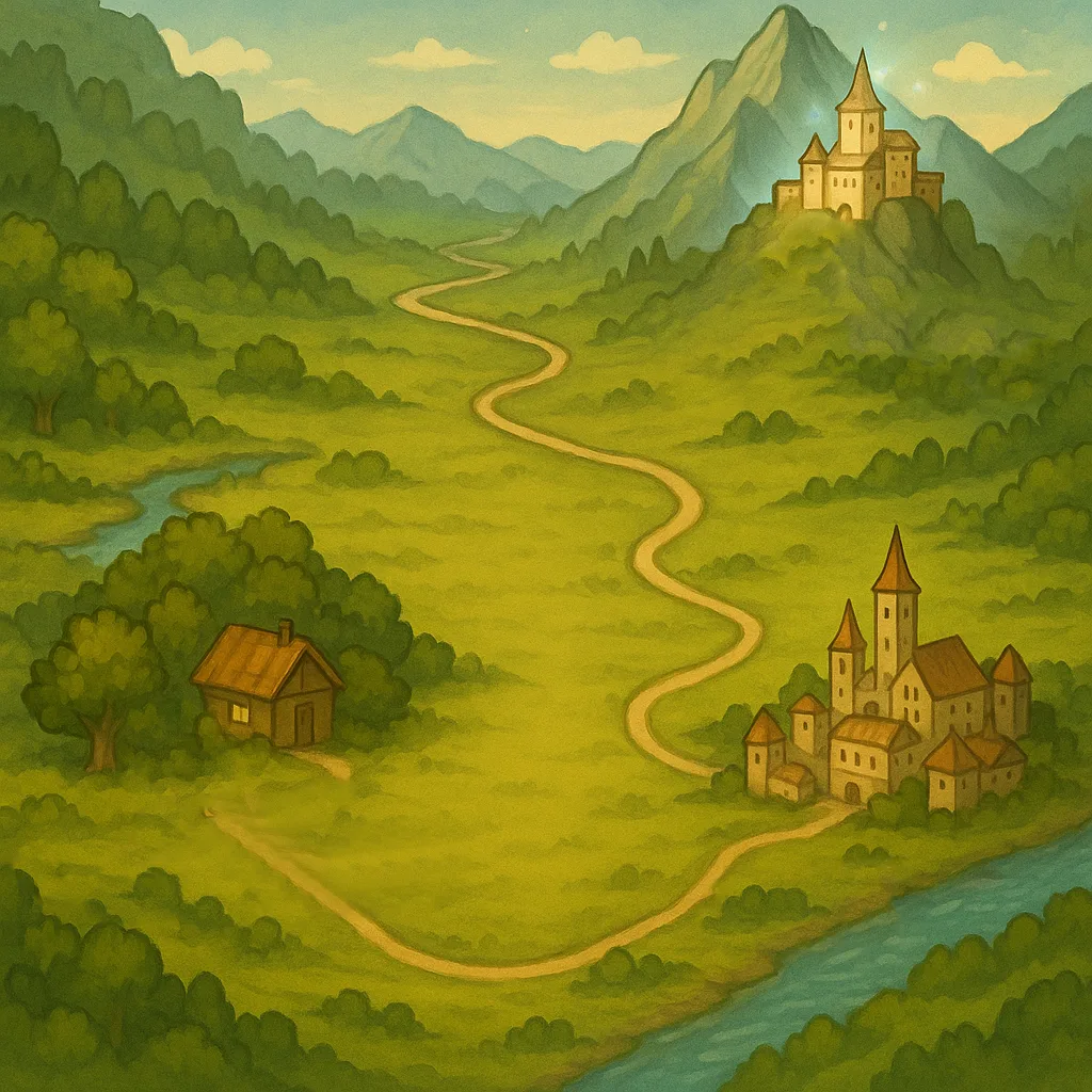 Illustrated route winding from a small cottage through a town toward a mountain castle.